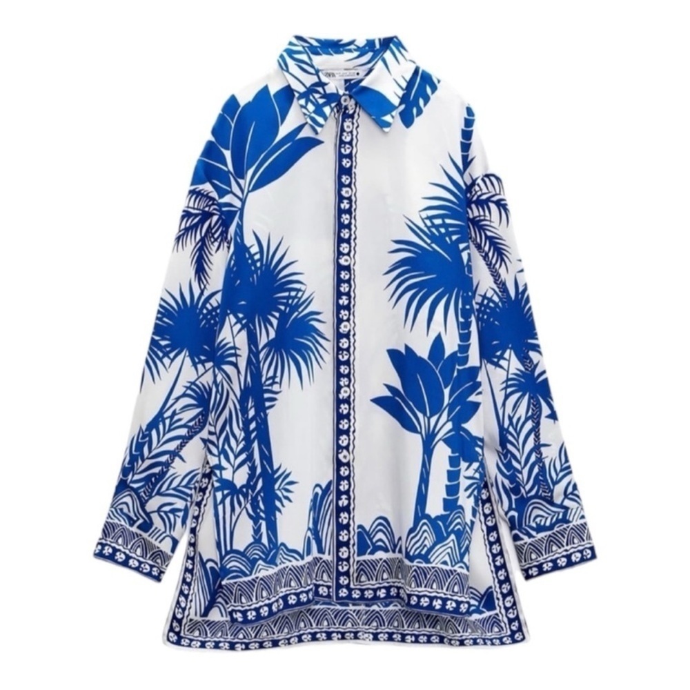 ZARA White Blue Tropical Print Long Sleeve Button Up Oversized Top Medium